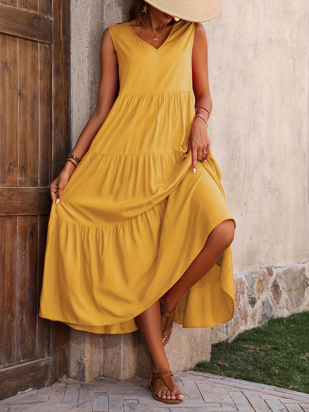 Losse Maxi Dress - Uitlopend Ontwerp & V-halslijn