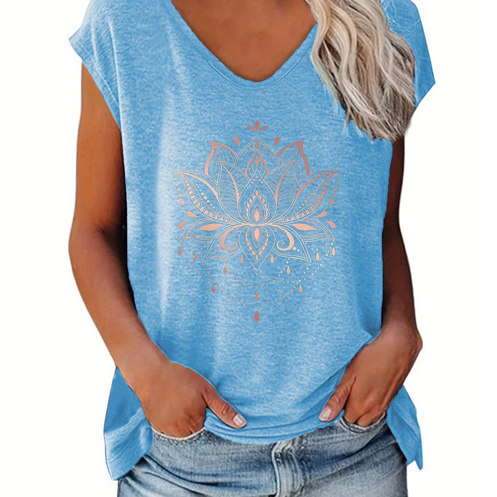 Lotus Print T-shirt – V-hals & Casual Cap Mouw