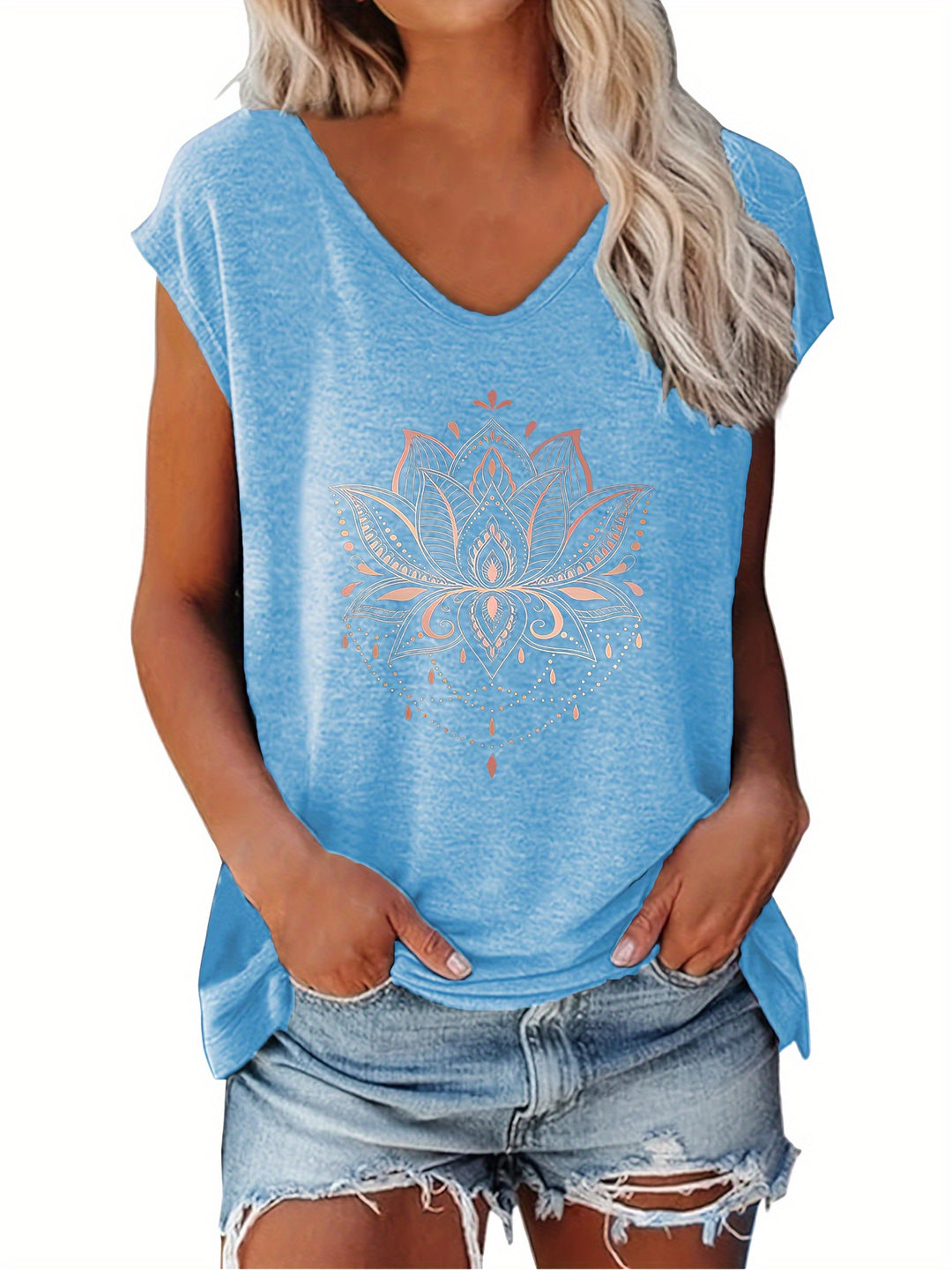 Lotus Print T-shirt – V-hals & Casual Cap Mouw