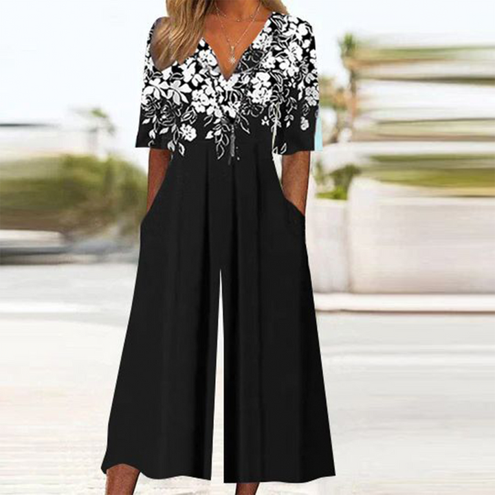 Mandy - Zwarte gebloemde jumpsuit met halve mouwen