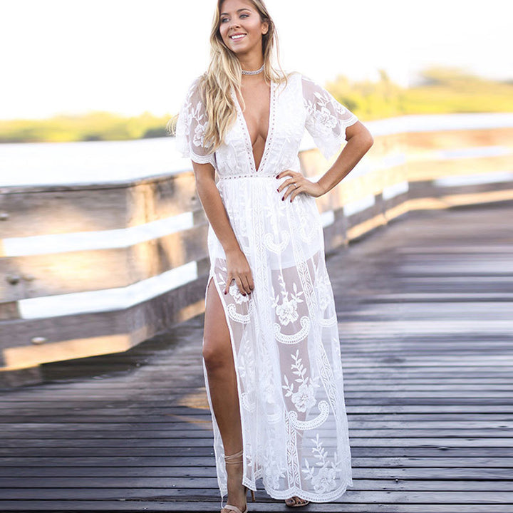 Maxi Jurk – Diepe V-hals & Korte Mouwen met Kantdetails