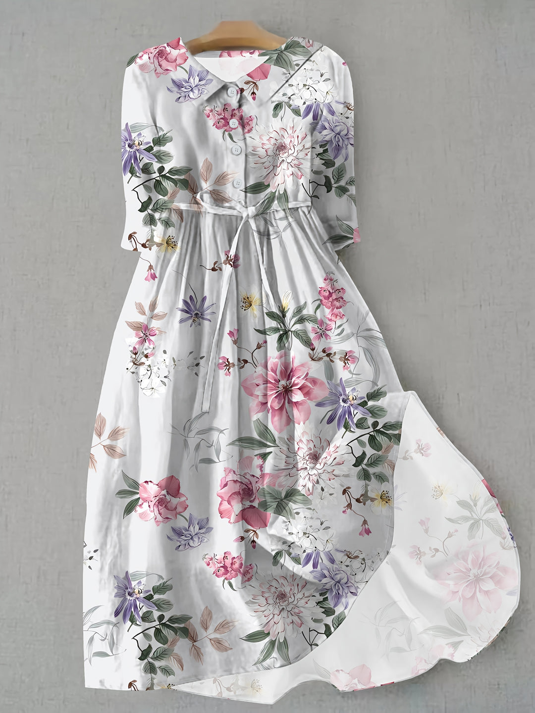 Maxi Jurk – Halflange Mouwen & Knoopsluiting met A-Lijn Silhouet