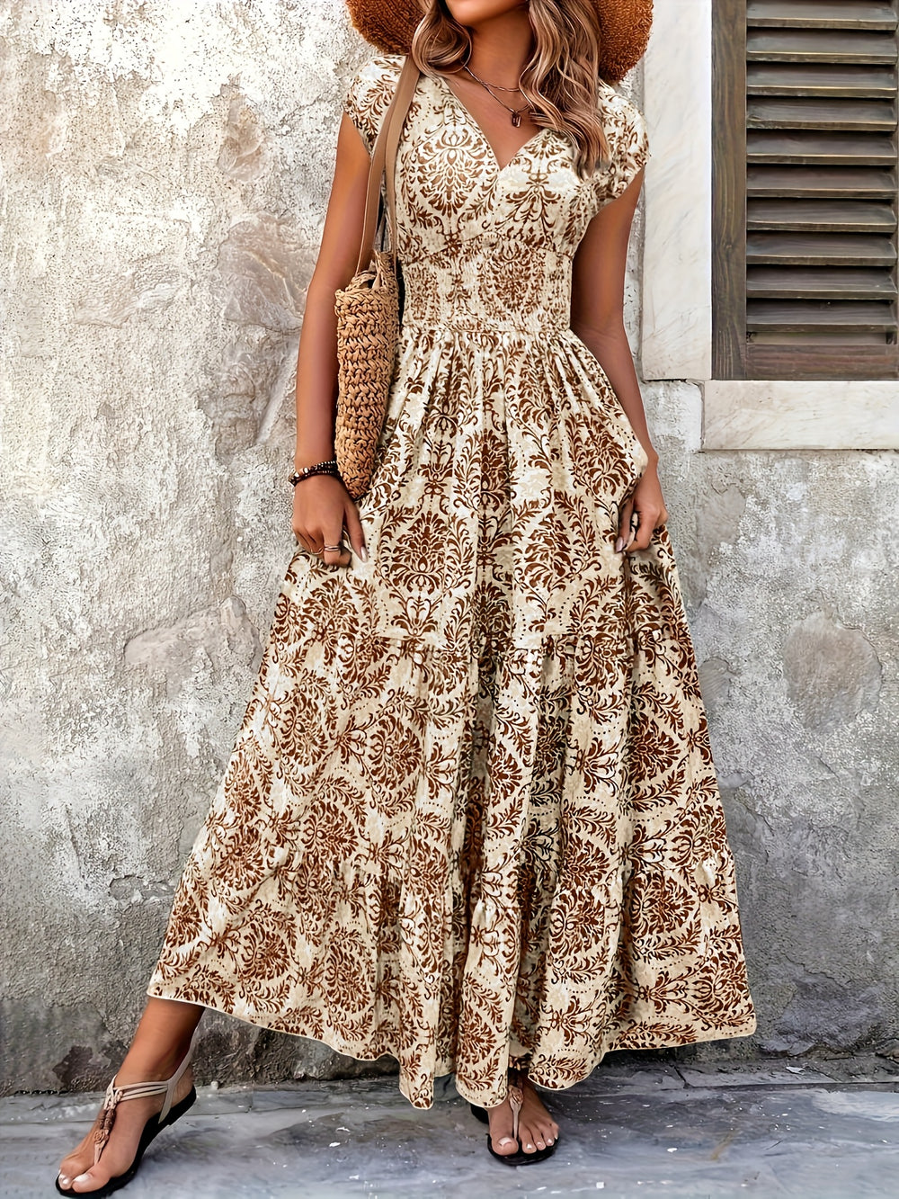 Maxi-Jurk – V-Hals & Plissé Details