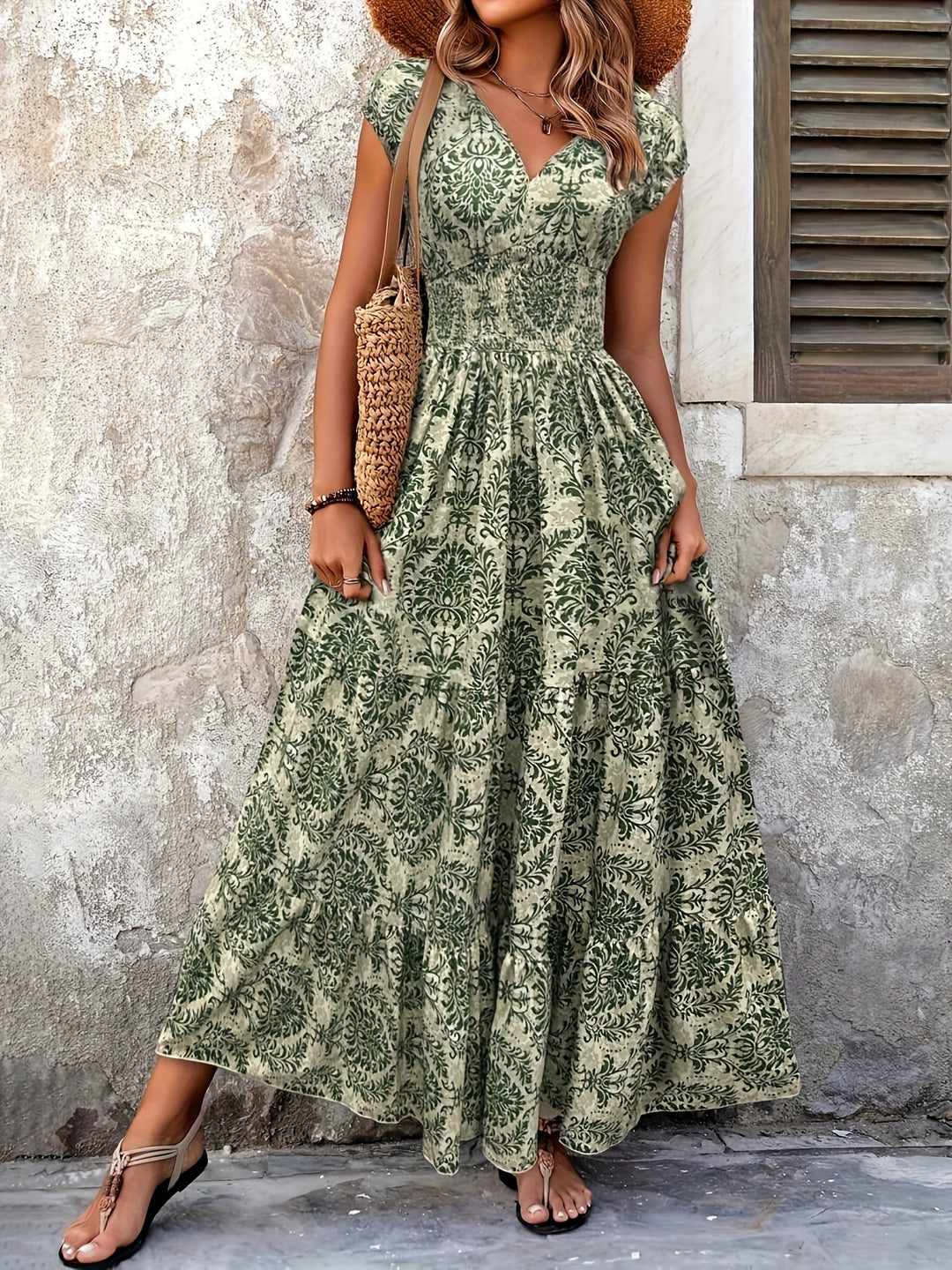 Maxi-Jurk – V-Hals & Plissé Details
