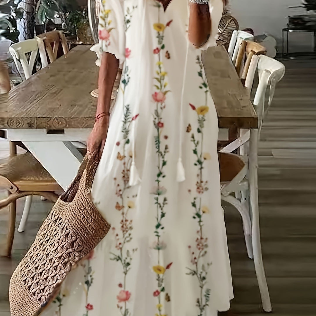 Maxi Jurk – V Hals & Ruches Met Bloemenprint