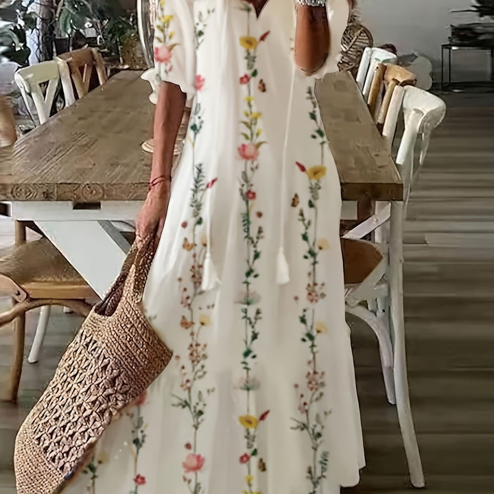 Maxi Jurk – V Hals & Ruches Met Bloemenprint