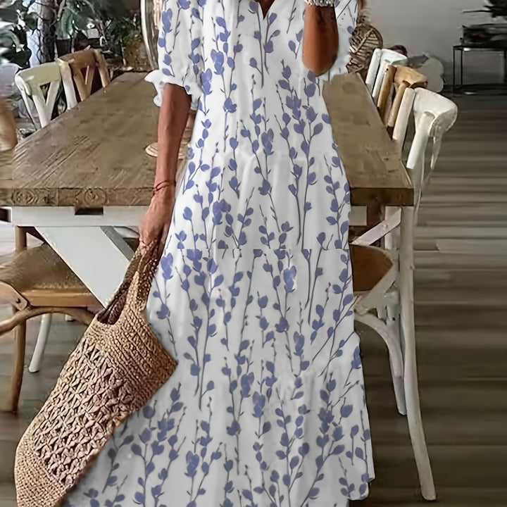 Maxi Jurk – V Hals & Ruches Met Bloemenprint