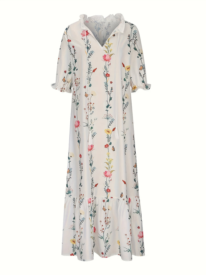 Maxi Jurk – V Hals & Ruches Met Bloemenprint