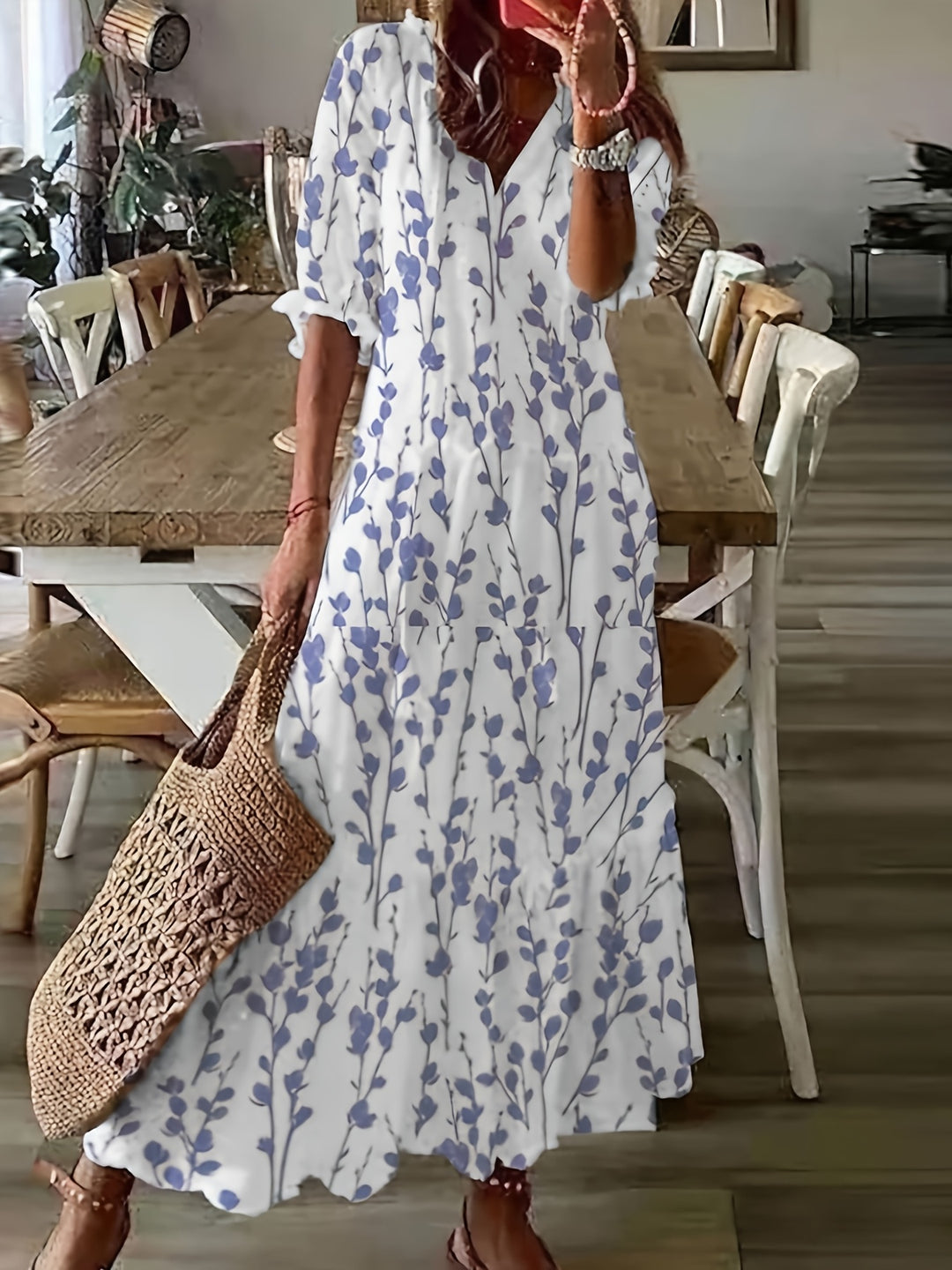 Maxi Jurk – V Hals & Ruches Met Bloemenprint