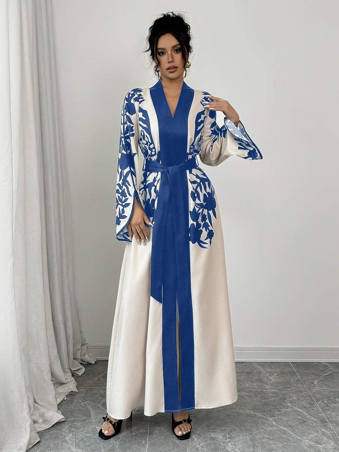 Maxi Jurk van Katoenmix - V-hals & Tailleband met Slit Hem