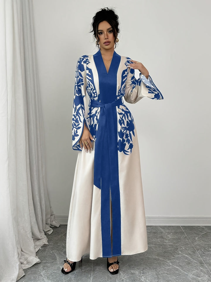 Maxi Jurk van Katoenmix - V-hals & Tailleband met Slit Hem
