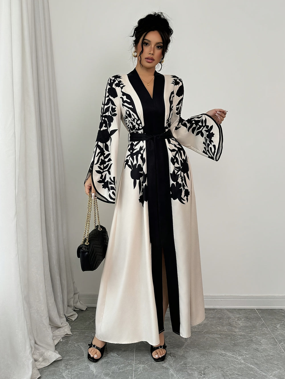 Maxi Jurk van Katoenmix - V-hals & Tailleband met Slit Hem