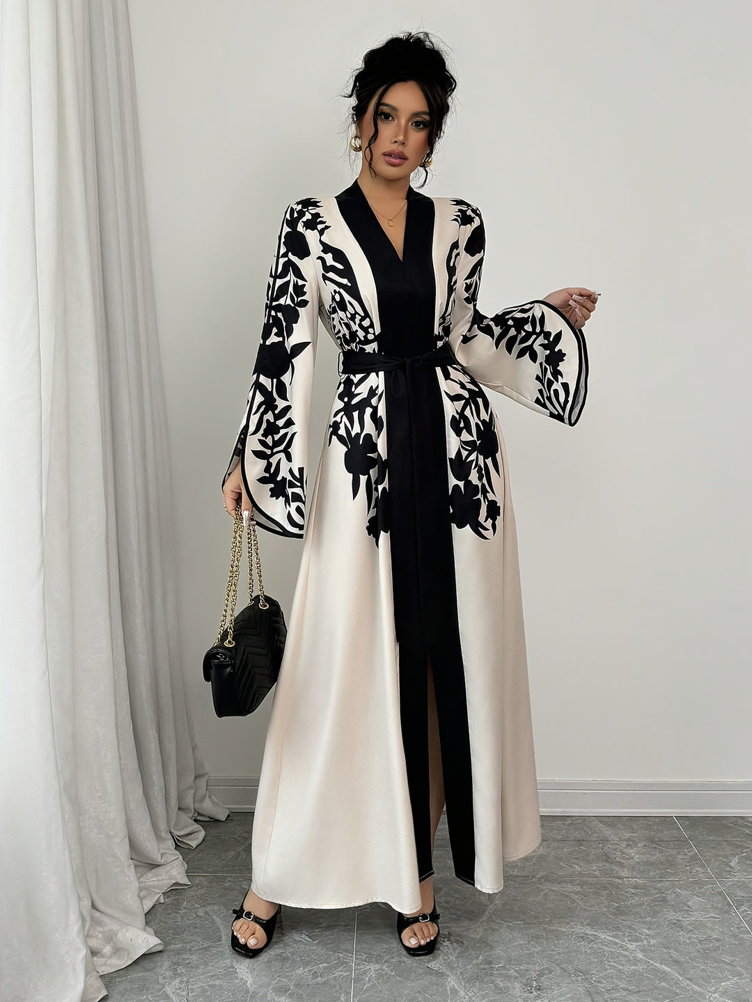 Maxi Jurk van Katoenmix - V-hals & Tailleband met Slit Hem