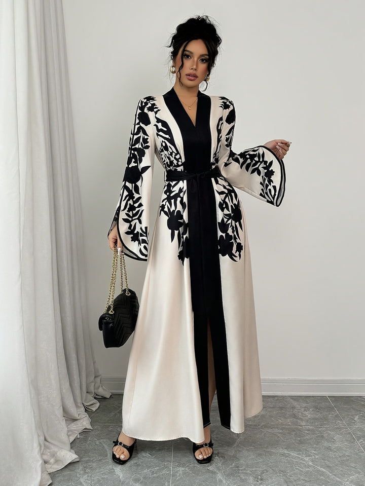 Maxi Jurk van Katoenmix - V-hals & Tailleband met Slit Hem