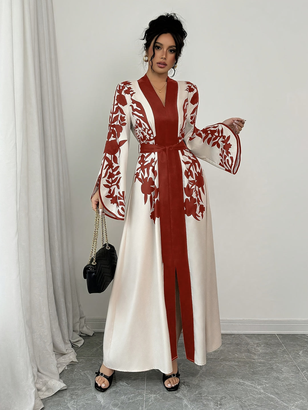 Maxi Jurk van Katoenmix - V-hals & Tailleband met Slit Hem