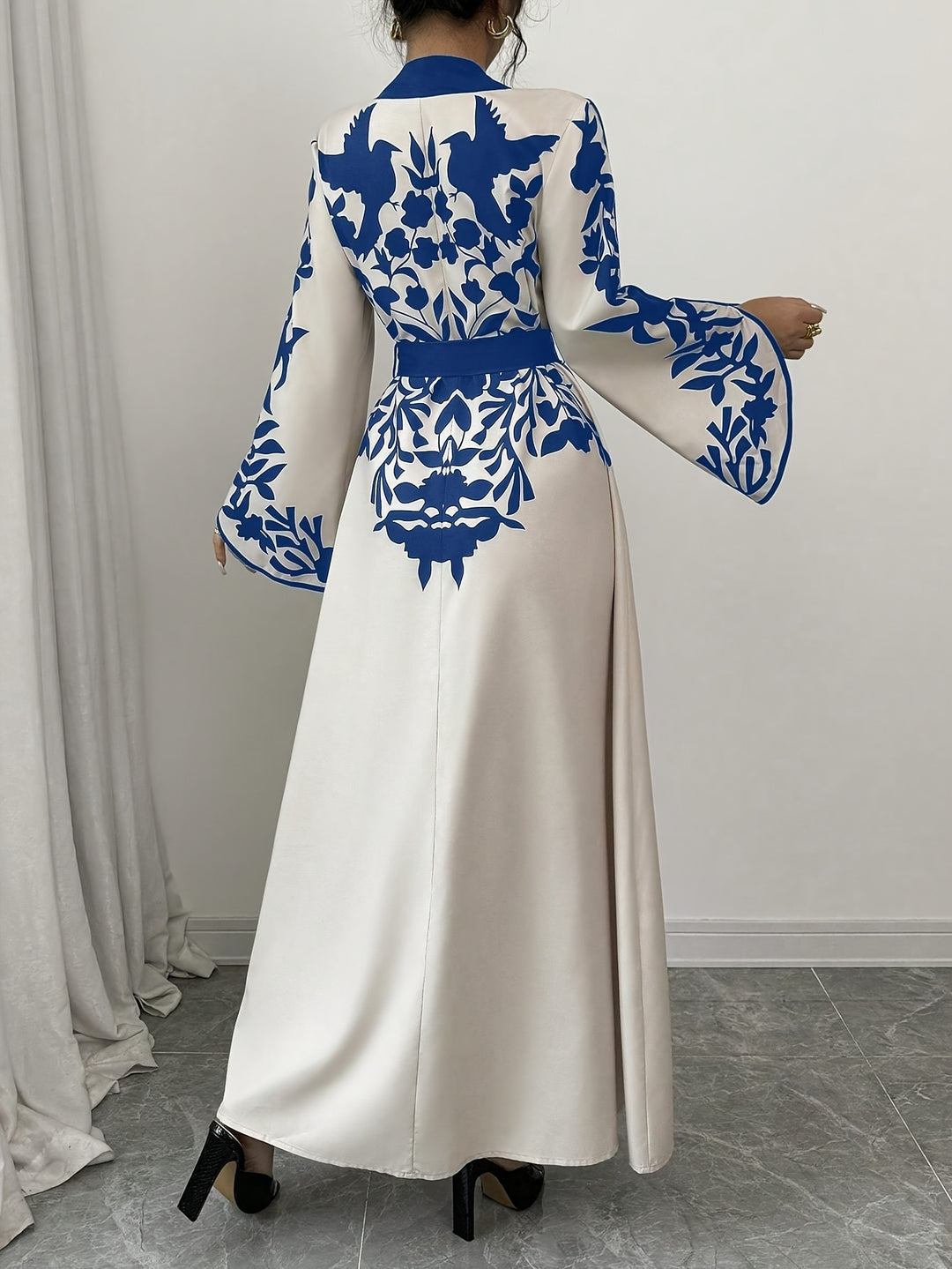 Maxi Jurk van Katoenmix - V-hals & Tailleband met Slit Hem