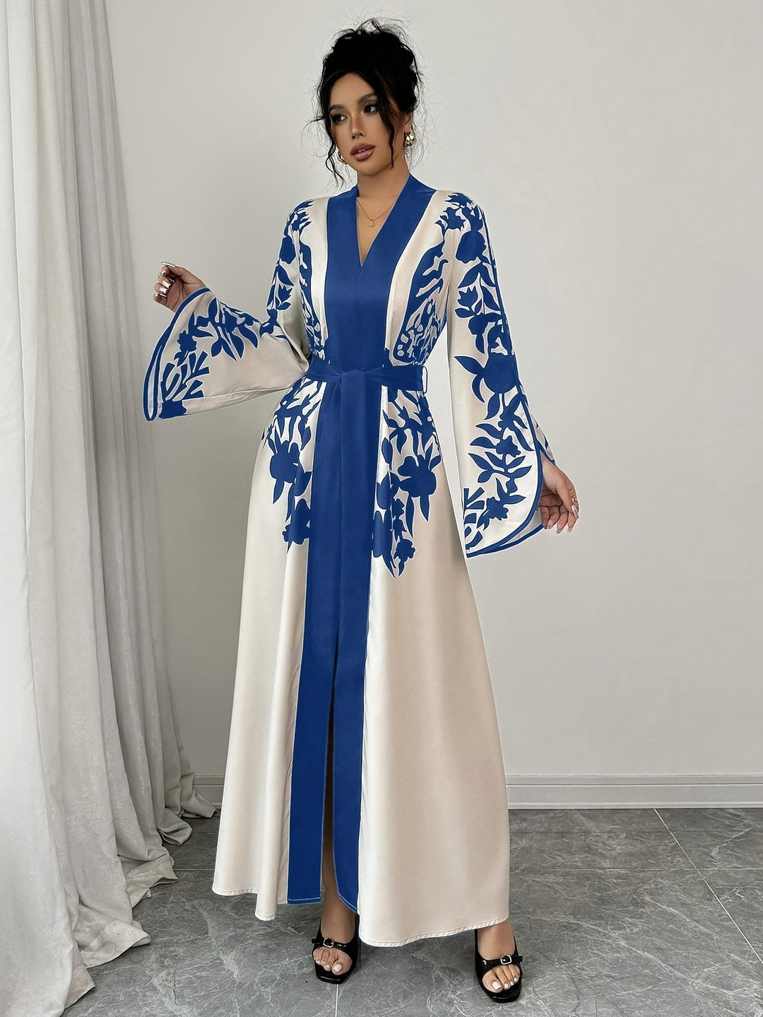 Maxi Jurk van Katoenmix - V-hals & Tailleband met Slit Hem