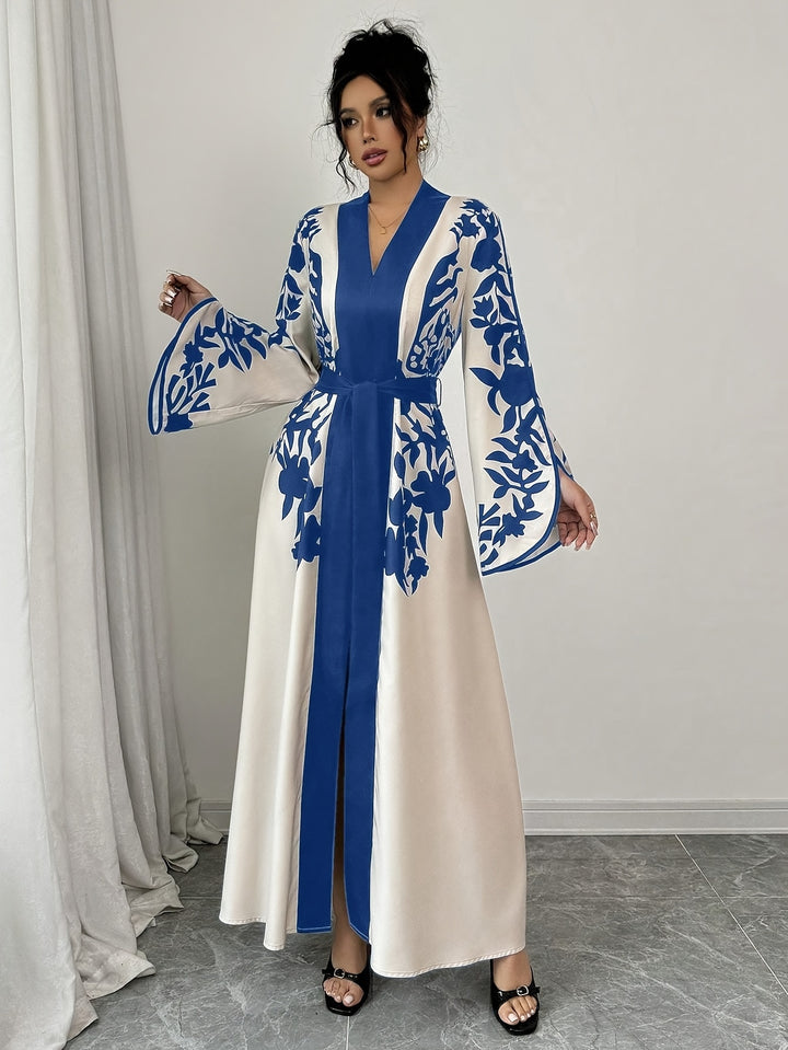 Maxi Jurk van Katoenmix - V-hals & Tailleband met Slit Hem