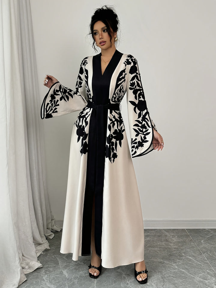 Maxi Jurk van Katoenmix - V-hals & Tailleband met Slit Hem