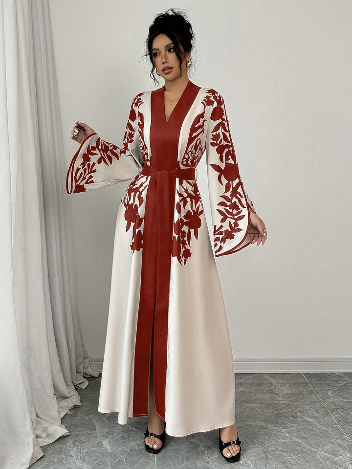 Maxi Jurk van Katoenmix - V-hals & Tailleband met Slit Hem