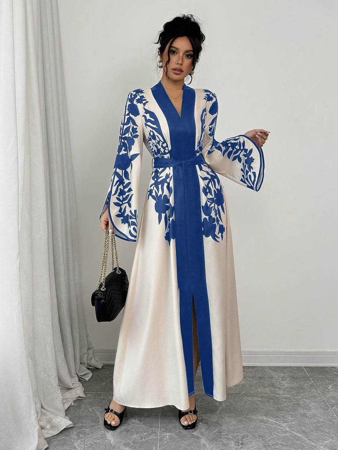 Maxi Jurk van Katoenmix - V-hals & Tailleband met Slit Hem