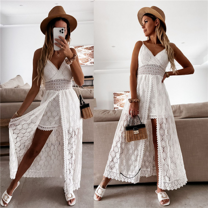 Merri - Kanten lange boho strandjurk met sweetheart halslijn