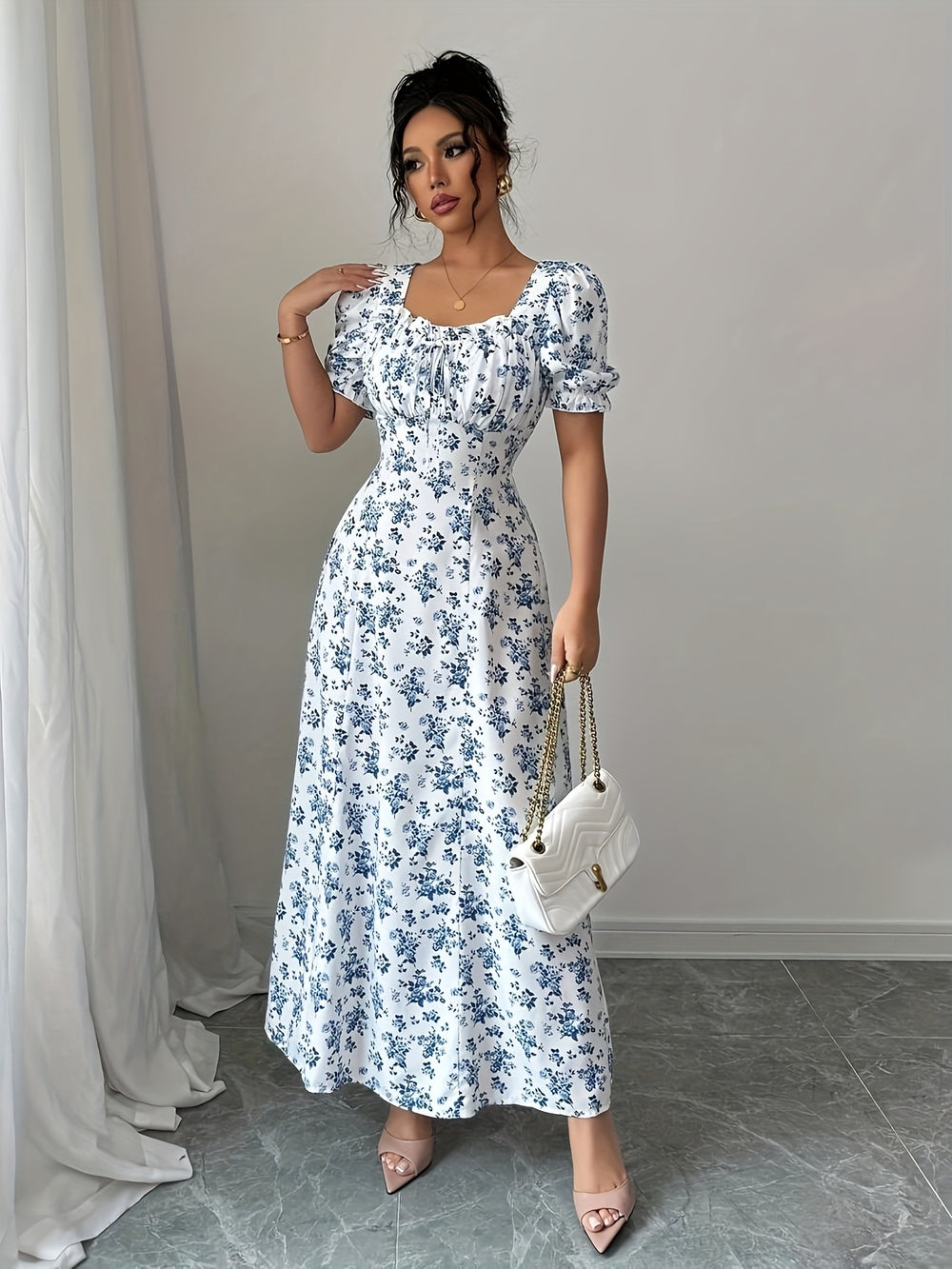 Midi Jurk – Gebonden Taille & Korte Mouwen