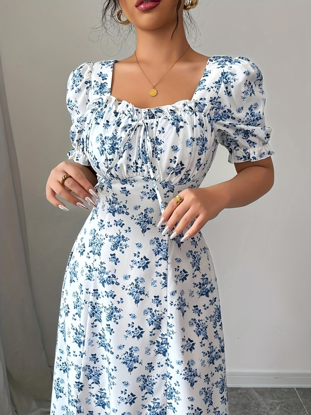 Midi Jurk – Gebonden Taille & Korte Mouwen