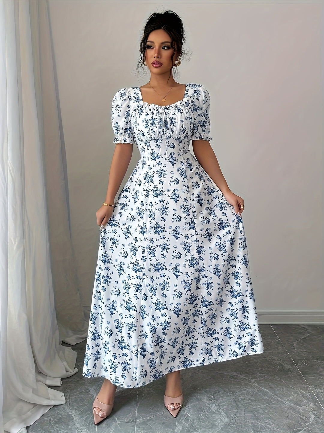 Midi Jurk – Gebonden Taille & Korte Mouwen