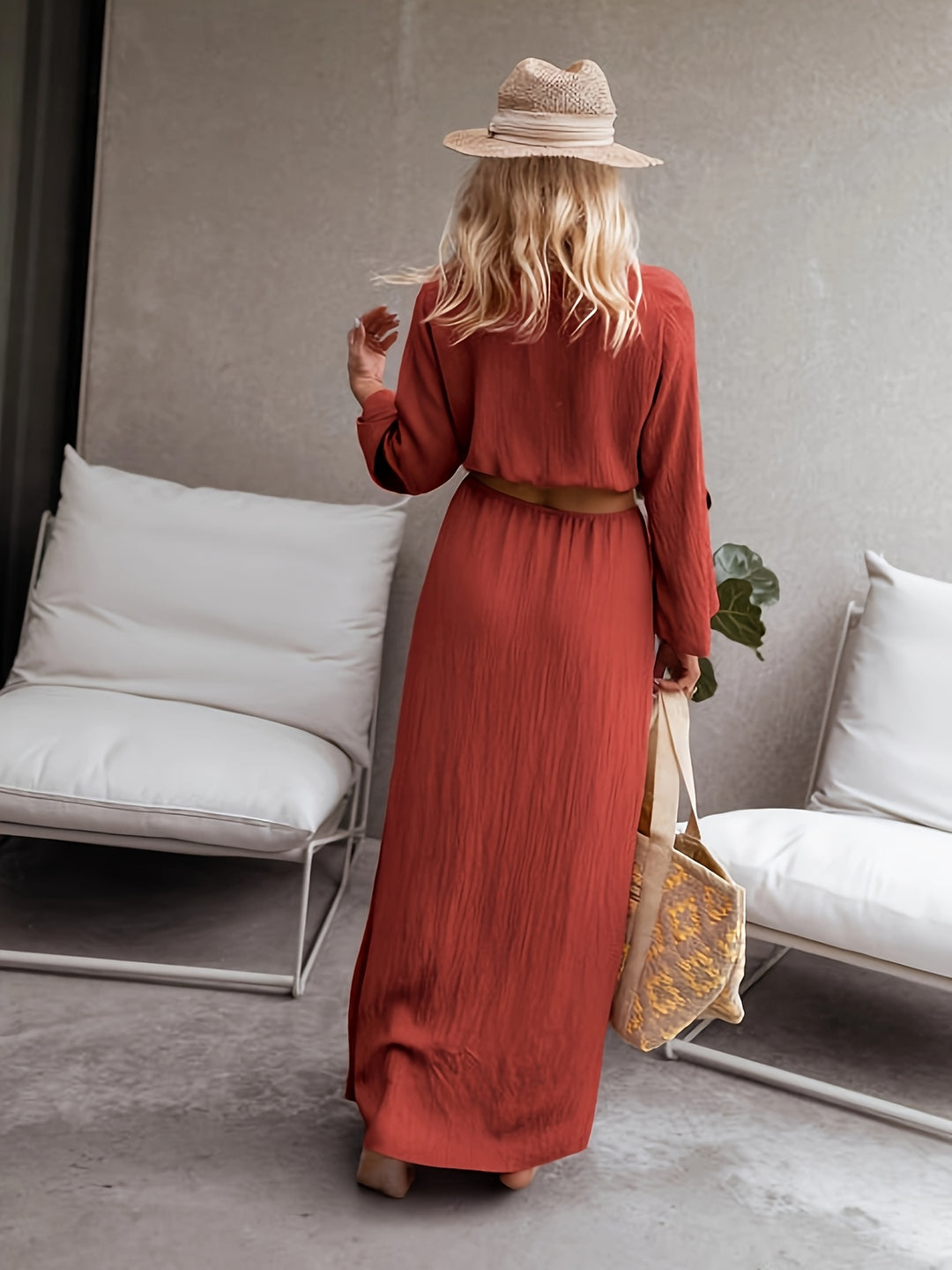 Midi Jurk – V-Hals & Taille Uitkering Met Ring Detail
