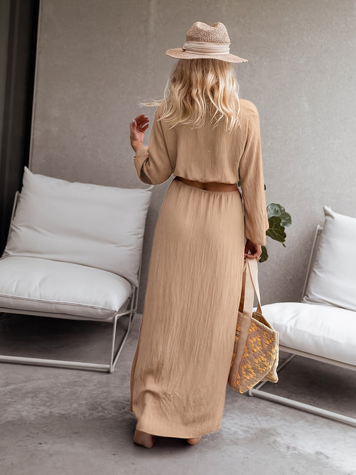 Midi Jurk – V-Hals & Taille Uitkering Met Ring Detail