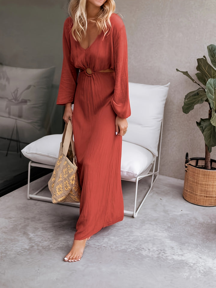 Midi Jurk – V-Hals & Taille Uitkering Met Ring Detail