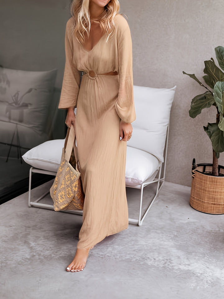 Midi Jurk – V-Hals & Taille Uitkering Met Ring Detail