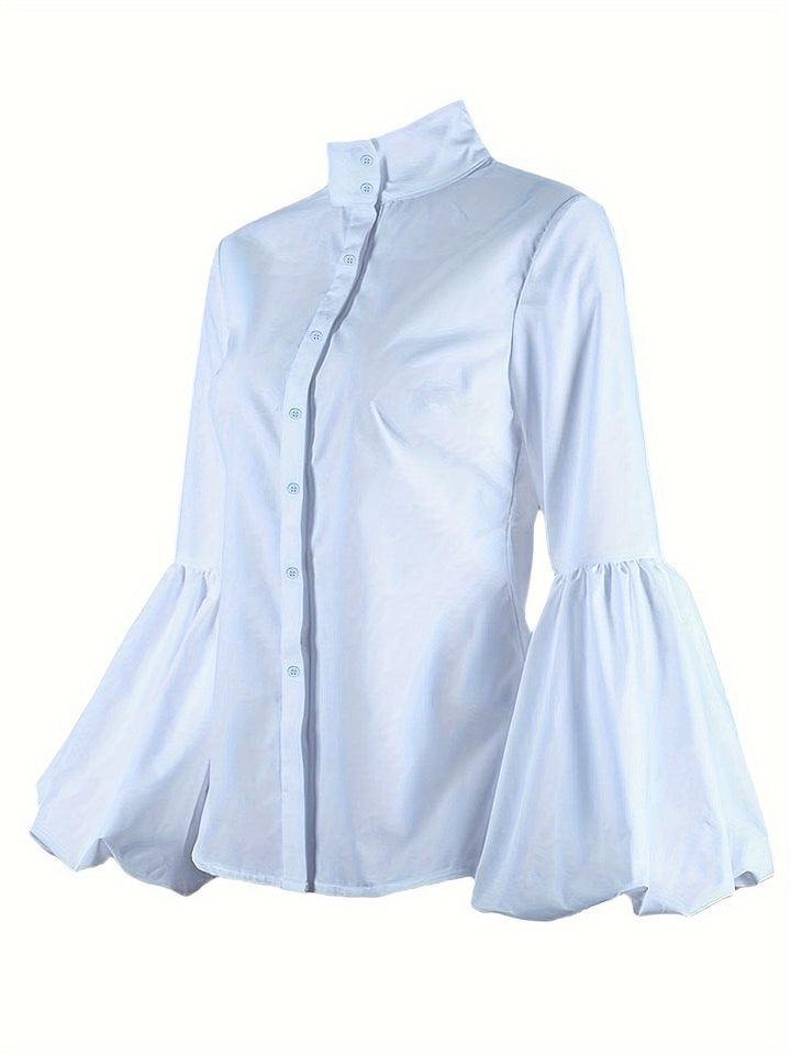 Mock Neck Blouse - Knopen Voorzijde & Lantaarn Mouwen Ontwerp