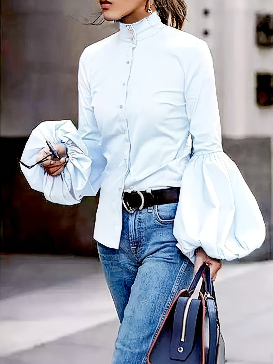 Mock Neck Blouse - Knopen Voorzijde & Lantaarn Mouwen Ontwerp