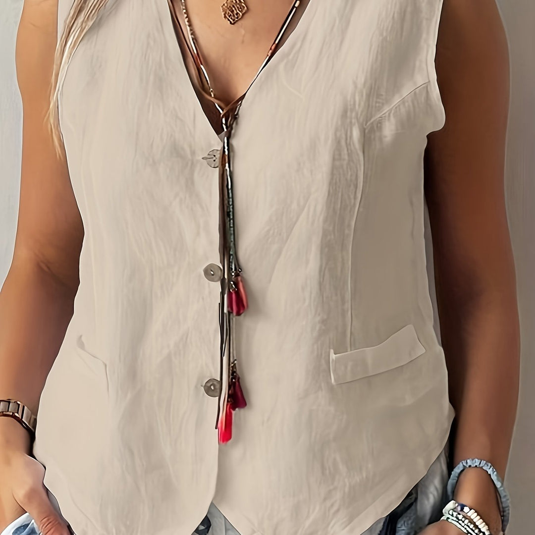 Mouwloos Vest – V-Hals & Knoopsluiting aan de Voorkant