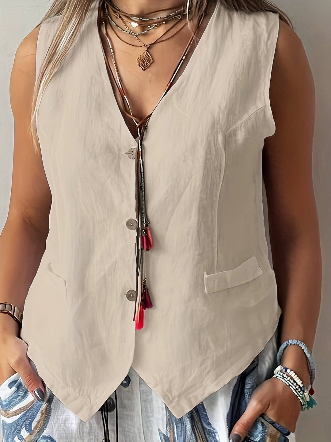 Mouwloos Vest – V-Hals & Knoopsluiting aan de Voorkant