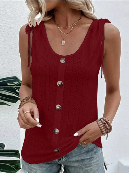 Mouwloze Top – Effen Kleur & Knoopdecoratie