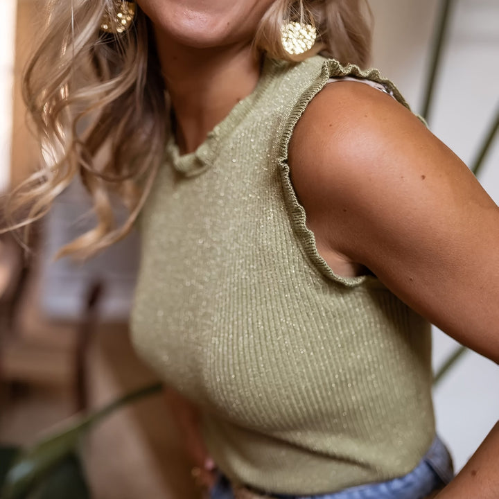 Mouwloze Top – Glinsterende Strepen & Stretchy Comfort
