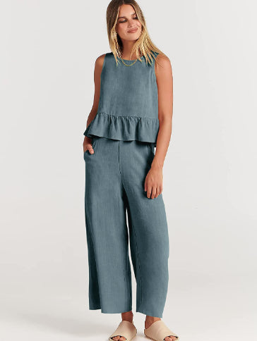 Mouwloze Top met Wijde Broek – Katoen-Linnenmix & Comfortabele Pasvorm