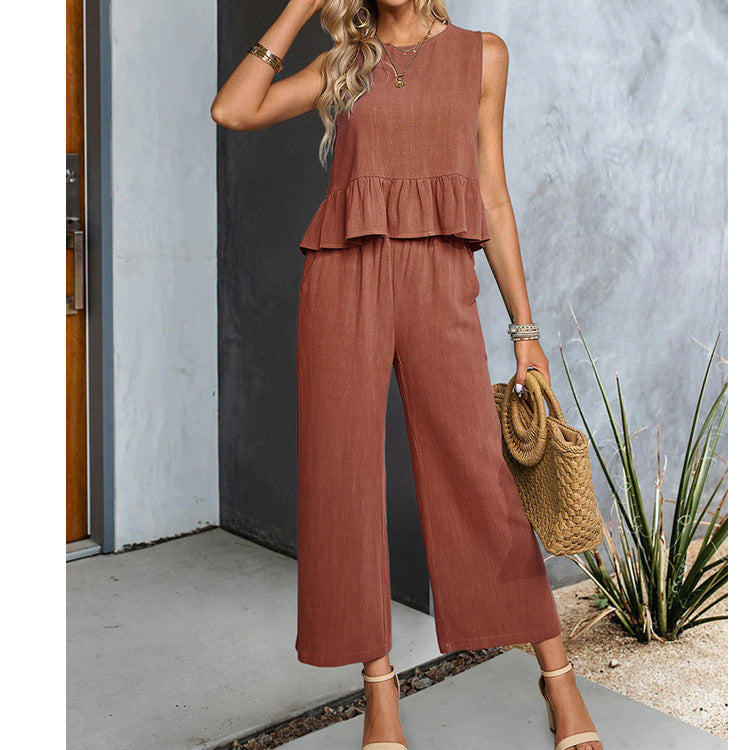 Mouwloze Top met Wijde Broek – Katoen-Linnenmix & Comfortabele Pasvorm