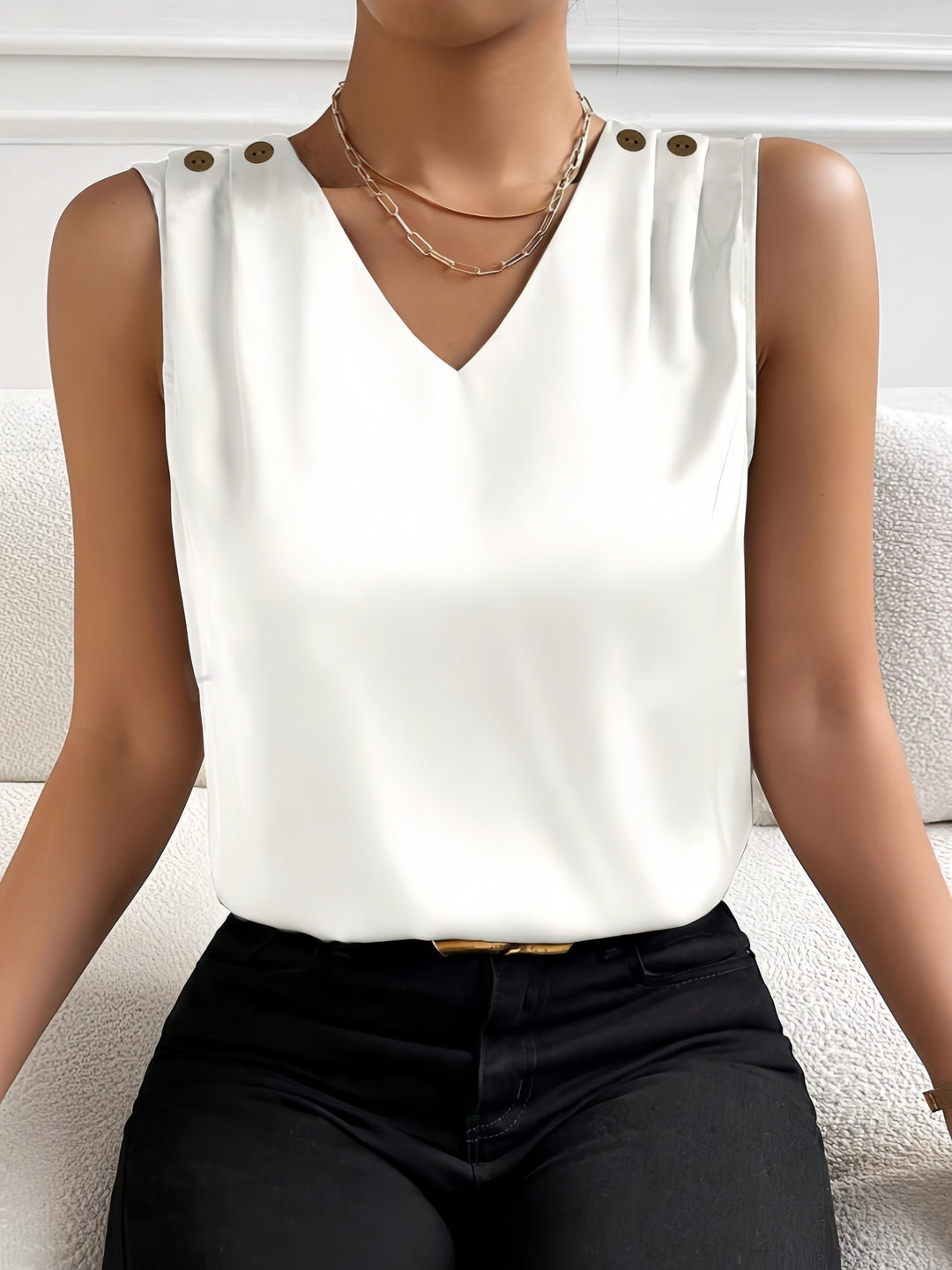 Mouwloze V-Hals Blouse - Effen Kleur Ontwerp & Lichte Stof