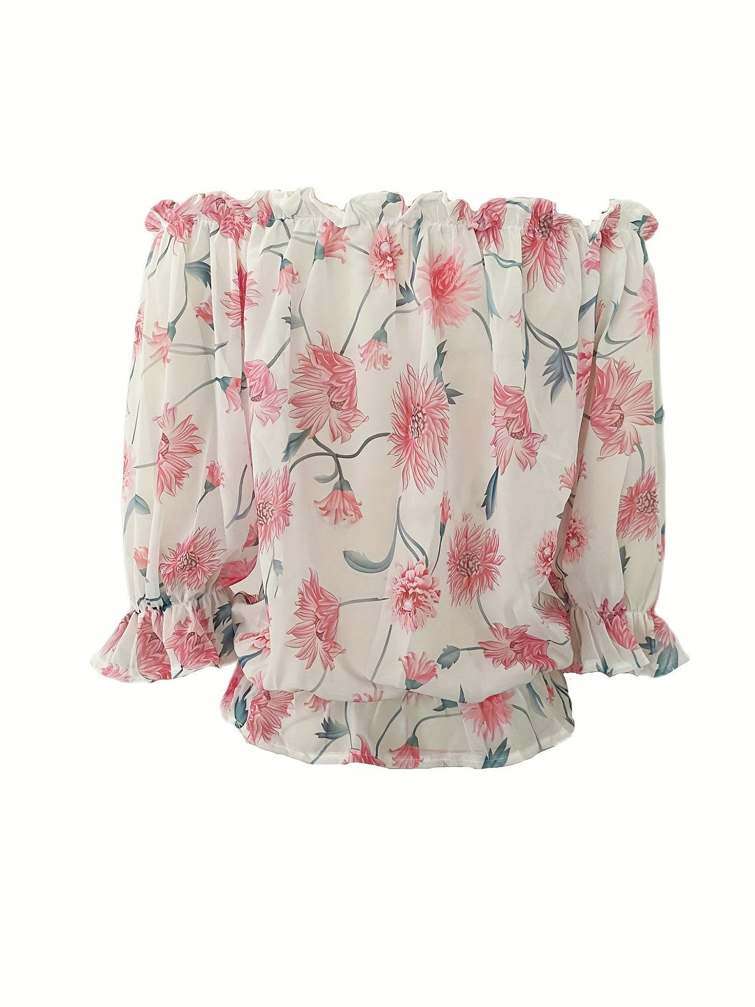 Off-Shoulder Bloemen Chiffon Blouse - Plissé Lantaarnmouwen & Lichtgewicht
