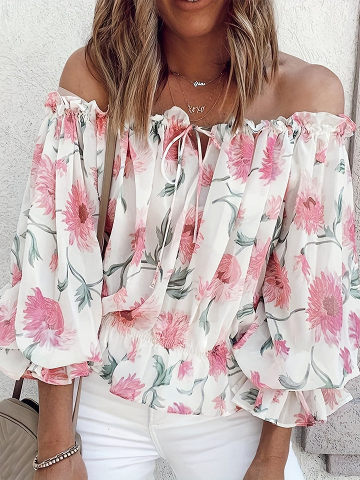 Off-Shoulder Bloemen Chiffon Blouse - Plissé Lantaarnmouwen & Lichtgewicht