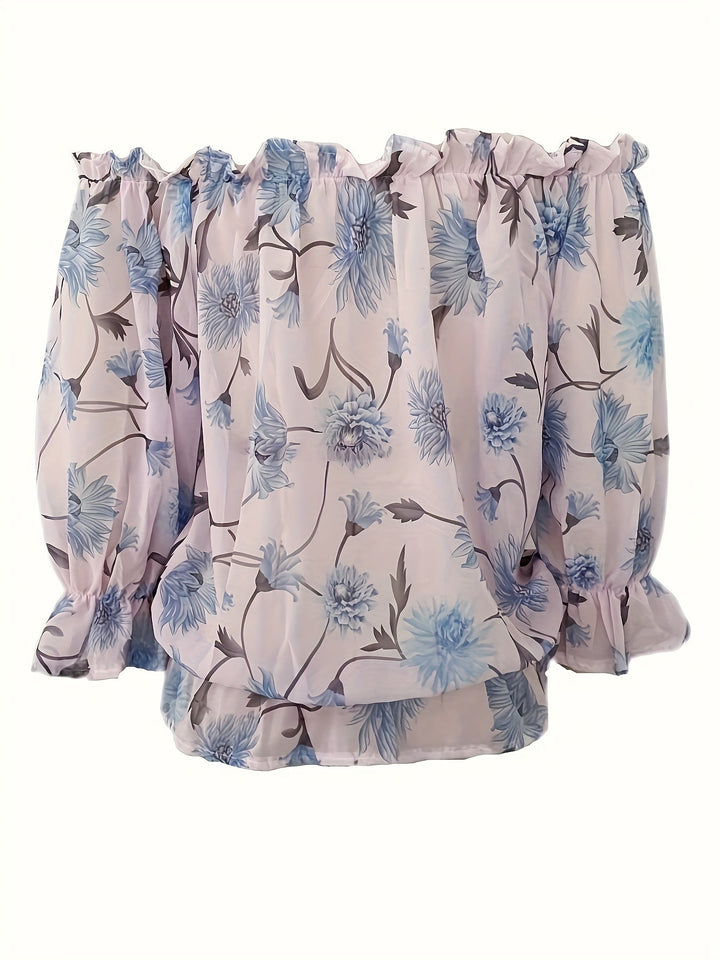Off-Shoulder Bloemen Chiffon Blouse - Plissé Lantaarnmouwen & Lichtgewicht