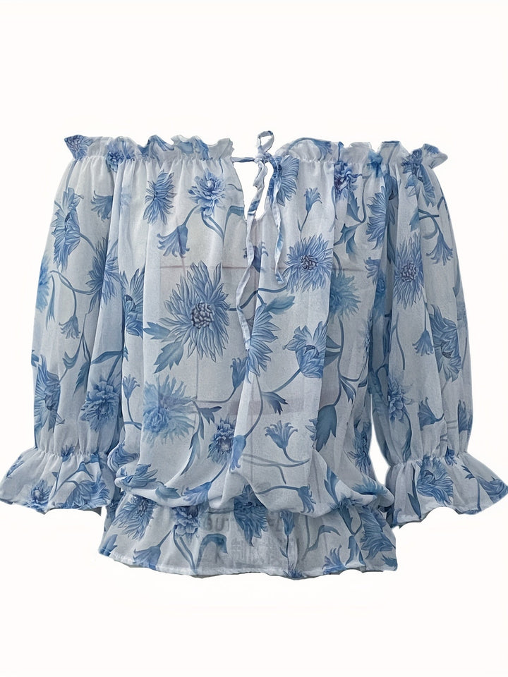 Off-Shoulder Bloemen Chiffon Blouse - Plissé Lantaarnmouwen & Lichtgewicht