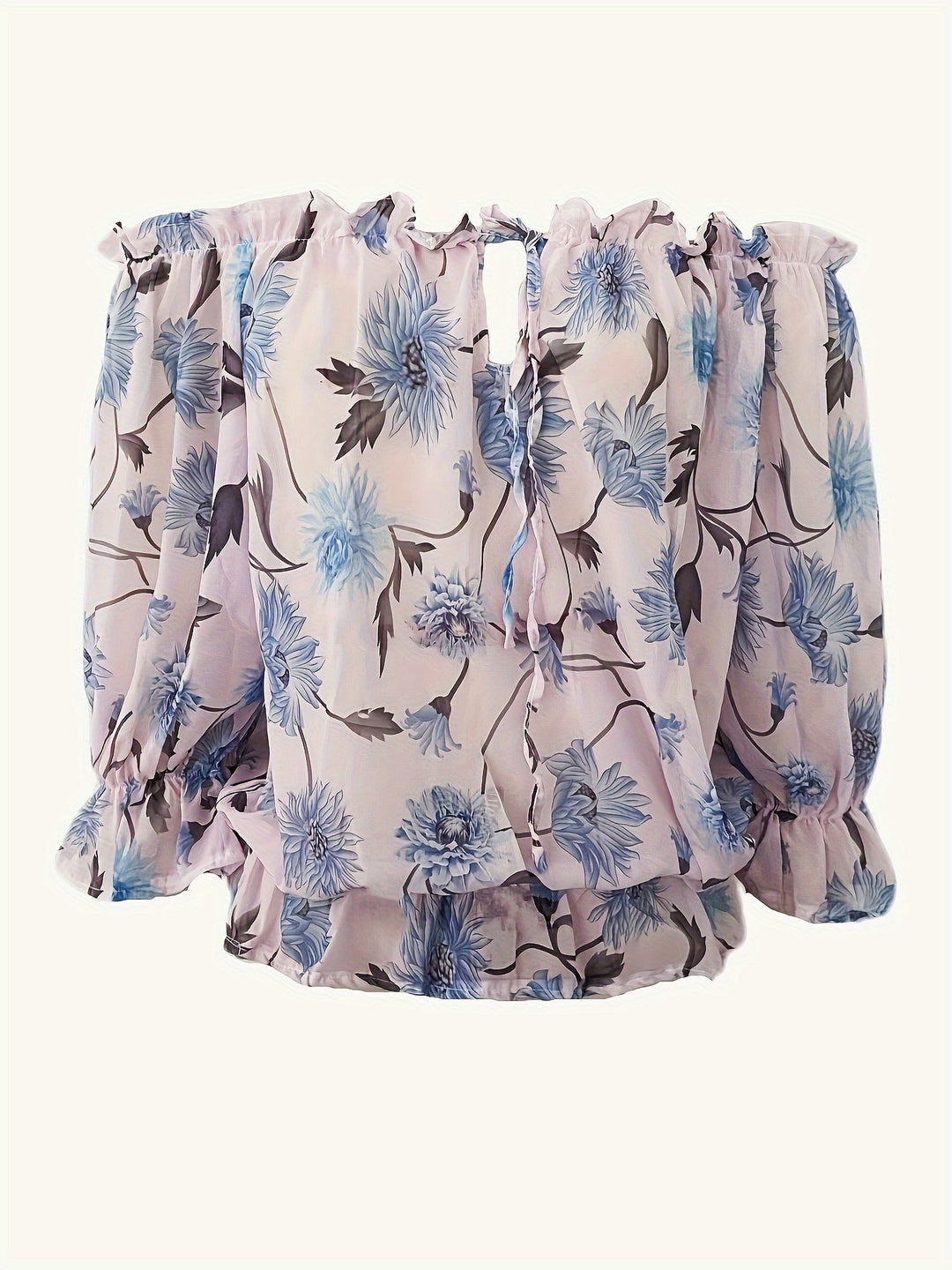 Off-Shoulder Bloemen Chiffon Blouse - Plissé Lantaarnmouwen & Lichtgewicht