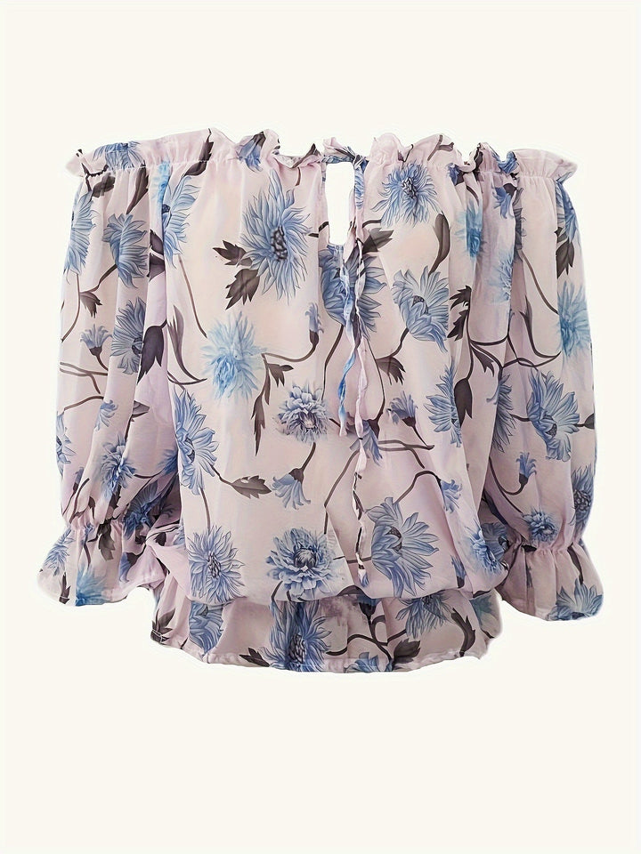Off-Shoulder Bloemen Chiffon Blouse - Plissé Lantaarnmouwen & Lichtgewicht