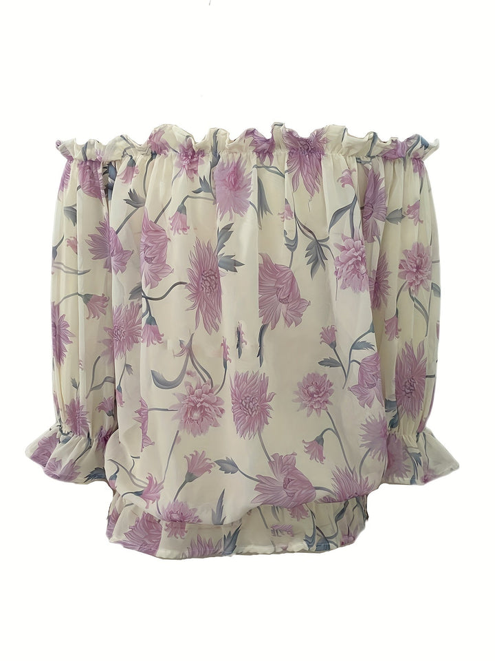 Off-Shoulder Bloemen Chiffon Blouse - Plissé Lantaarnmouwen & Lichtgewicht