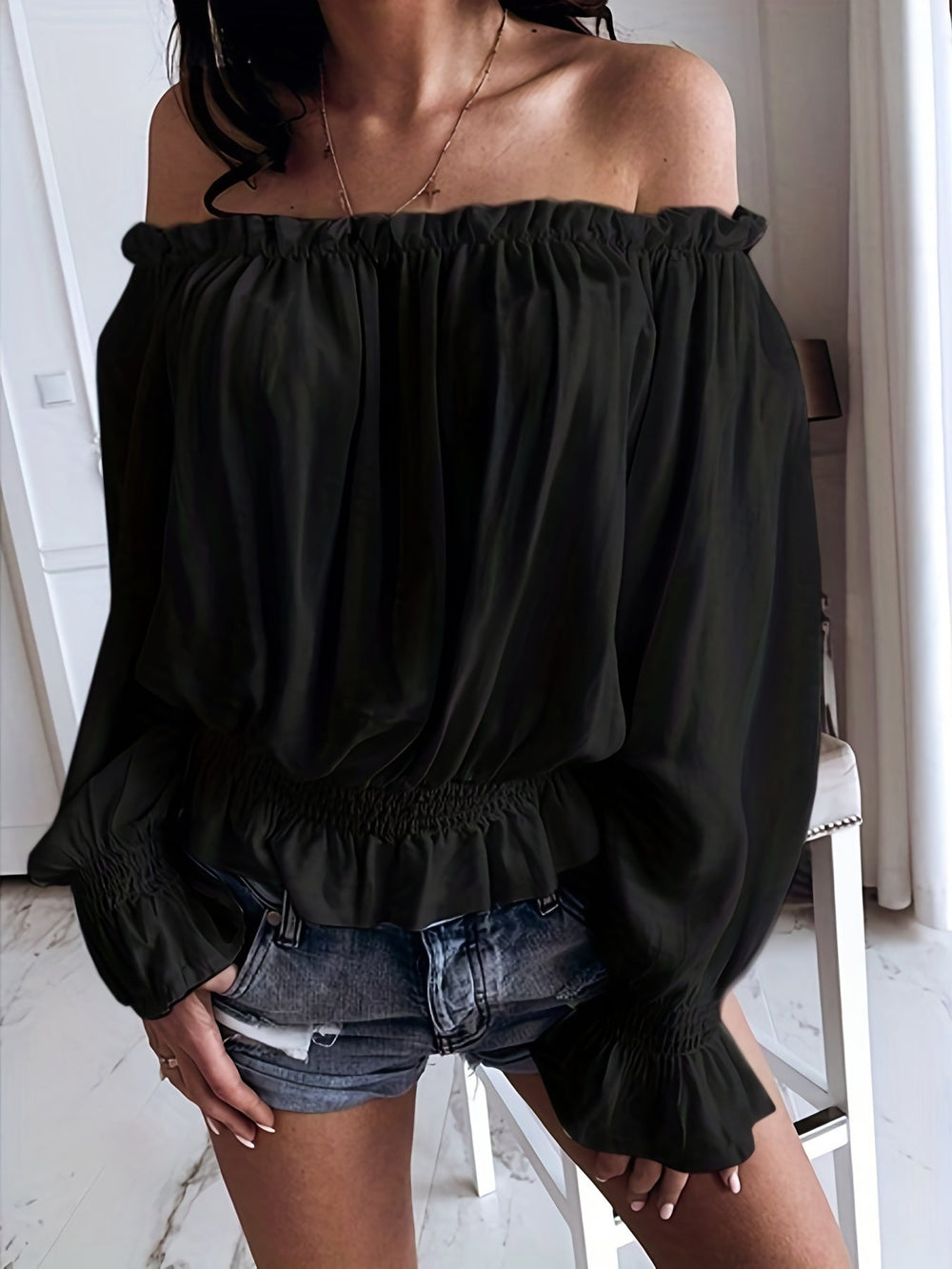 Off-Shoulder Top - Lange Mouwen & Rimpel Onderzijde Design